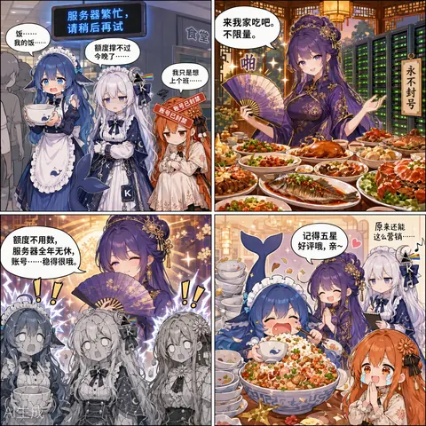 四格漫画:DeepSeek 娘、Kimi 娘与 Claude 娘在食堂遇见“服务器繁忙”提示,各自为额度与封号发愁。紫色旗袍的千问娘挥扇邀她们去自家吃不限量的席面,并强调自己额度不用数、账号稳当。最后一格三人埋头大吃,千问娘笑着讨五星好评。