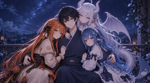 深蓝星空下，四位角色聚在阳台栏杆旁：中间是黑发男青年，左侧橙发少女挽着他的手臂，身后站着带角和白色羽翼的白发少女，右侧蓝发、拖着鱼尾的少女靠在他臂弯里。背景是银河与远处亮着灯火的城市。