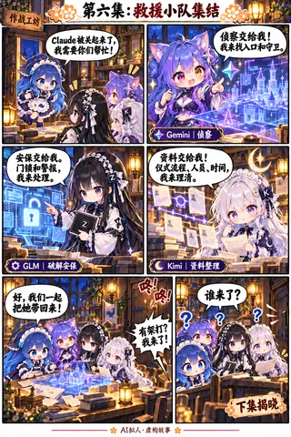 蓝色大肥鱼召集Gemini、GLM、Kimi等AI拟人角色分工侦查、破解安保、整理资料，准备营救被关起来的Claude酱的六格条漫。