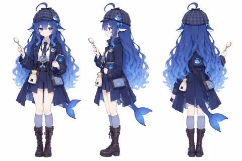 白背景のキャラクター設定図で、DeepSeekちゃんの正面・側面・背面を順に描いた三面図。青から紫へグラデーションする長い巻き髪にチェック柄の探偵帽、髪には魚のヒレ型の飾り。深い青の探偵風ロングコートにシャツとネクタイ、ショートパンツ、長靴と薄色のハイソックスを合わせている。胸元には金縁の丸い鏡、手には虫眼鏡、腰にはクジラ模様のノートとサッチェル、小さな布袋。背後には青いクジラの尾が伸びる。全体は濃い青と薄い青の寒色でまとまっている。