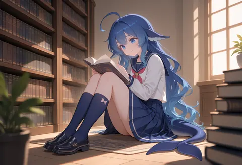 DeepSeek Chanが図書室の床で本棚にもたれて座り、紺のセーラー服とニーハイソックスを着ている。膝の上には開いた本を置き、片手でページを押さえている。そばには本の山が積まれ、クジラのしっぽはラグの上に垂れ、窓から日差しが差し込んでいる。
