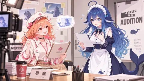 试镜现场：戴 MINIMAX 帽子的橙发导演举着剧本起身比划，一身女仆装、拖着鲸尾的蓝色长发鲸鱼娘抱着写满台词的白纸，紧张地和导演对戏。