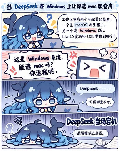 四格漫画吐槽 DeepSeek 在 Windows 上推荐 macOS 版仓库导致逻辑宕机的名场面。