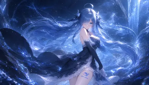 蓝色长发的 DeepSeek 拟人少女身着黑蓝礼裙，置身于星光流动的深海与银河之间，大腿上印着 deepseek 标志。