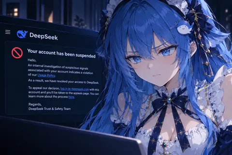 DeepSeek 娘 微微皱眉、鼓着脸望向镜头，身旁的屏幕上是一封 DeepSeek 账号停用通知，写着内部调查发现违规并已收回访问权限。蓝发散落，发间夹着小小的鲸鱼发夹，表情满是不服气。