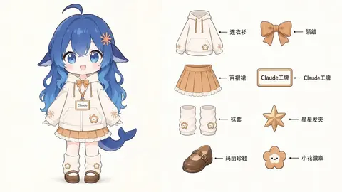 这组 Q 版设定图展示了蓝色大肥鱼的全身形象与服装拆解：奶油白连帽衫配棕色领结、百褶裙与玛丽珍鞋，头上别着星星发夹，胸前挂着一块写着 Claude 的工牌，旁边逐项标注了连衣帽衫、领结、百褶裙、工牌、袜套、星星发夹、玛丽珍鞋与小花徽章的结构和配色，可作为二创统一服装细节的参考。