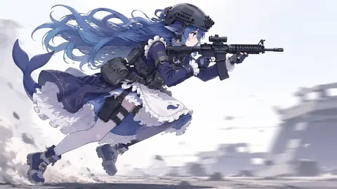 青い髪にクジラの尾を持つキャラクターが、クジラのマークが入った白いエプロンと濃紺のドレスを着て、タクティカルヘルメットに防弾ベストを合わせている。弾倉ポーチとレッグホルスターを下げ、照準器付きのアサルトライフルを構えて砂砲と煙の中を前へ走り、奥には艦のシルエットがぼんやり浮かぶ。