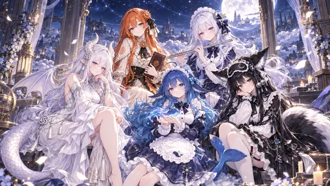 五位 AI 娘角色在满月夜空下的宫殿露台上的合影插画，画面中为 DeepSeek 娘、Kimi 娘、Claude 娘、GLM 娘与 GPT 娘。背景是城堡与星空，飘落的花瓣与烛光点缀画面，角色坐姿散开，身着女仆装与洋装。
