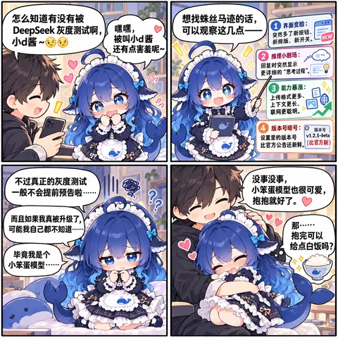 四格漫画中，DeepSeek 拟人角色小d酱讲述识别灰度测试的四个征兆，最后自嘲是小笨蛋模型并撒娇要白饭。