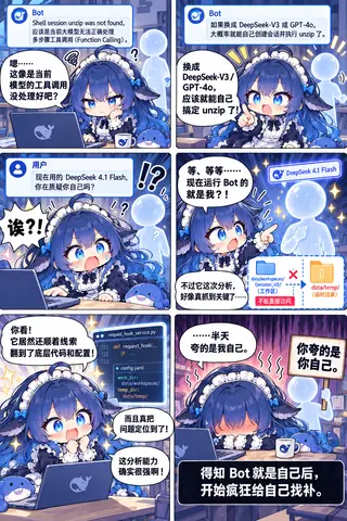 六格条漫：DeepSeek 娘排查 unzip 工具调用失败，提议换成 DeepSeek-V3 或 GPT-4o，被用户提醒“现在跑的 Bot 就是你自己”后，顺着 request_hook_service.py 翻到 config.yaml，开始疯狂自夸又被当场戳穿。