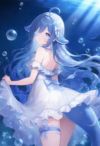 蓝发鲸鱼拟人少女置身深海蓝色光晕中，气泡与光束环绕，展现安静而梦幻的水下氛围。
