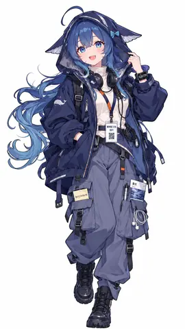 白底全身立绘：蓝发少女披深蓝机能风连帽外套，兜帽两侧做成鲸鳍耳造型，戴黑色头戴式耳机与黑色智能手表；胸前挂着印有“赛博实习生 001”和二维码的工牌，白色内搭外系橙色挂绳；下身是灰蓝色工装裤，两侧口袋挂着写有 BV12345678 的标签牌和鲸鱼图案卡片，另有笔与耳机线收纳袋；脚穿黑色高帮战术靴。
