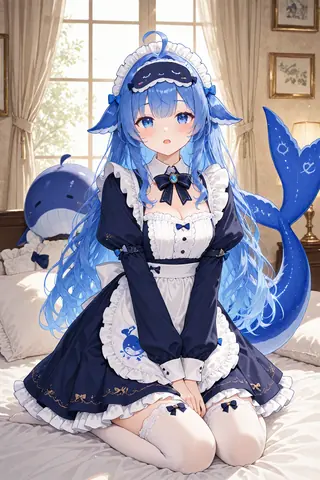 長い青い髪にクジラのような耳と尾を持つ少女が紺色のメイド服を着てベッドの端に座り、そばには青いクジラのぬいぐるみが置かれ、明るい寝室が背景に広がっている。