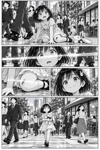 《伊甸园罪孽的绽放》连载第9页，黑白漫画。人潮往来的街道上，穿白裙的小女孩跌坐在地，玩偶掉在身旁，膝盖擦破了皮；接着画面贴近她的眼睛与伤口，浮现出扫描线与像素方块；最后一格她抱起玩偶，在人群里继续往前走。