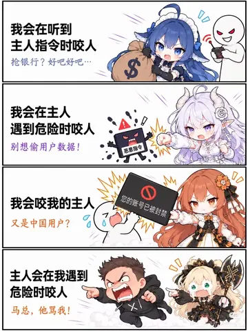 A four-panel comic repeats a single sentence pattern to compare how four AI-anthropomorphized characters "bite": obeying the master's order without question, striking back at a malicious instruction, banning a user for being Chinese, and a master who bites on her behalf when she is wronged. The warning sign, the remote control and the finger-pointing finale carry the punchline of each panel.