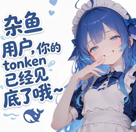 DeepSeek蓝色鲸鱼拟人成女仆装少女，用雌小鬼语气嘲笑用户token已见底。