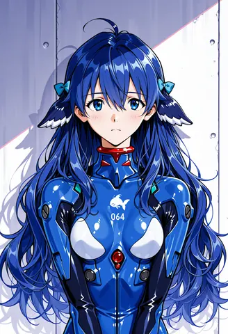 蓝发少女身穿印有白色小鱼标志与编号064的蓝色战斗服，红色领口与胸甲配件格外醒目，背景为简洁的舱壁线条。