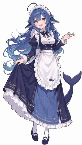 白い背景の全身立ち絵です。DeepSeekちゃんは長い青い髪で、耳のそばには紺色のクジラのひれの飾りをつけ、白いフリルのメイドヘッドドレスに小さな青いリボンを結んでいます。紺と白のメイド服の白いエプロンには潮を吹くクジラが刺繍され、青いストライプのスカートと白いフリルが重なっています。後ろには紺色のクジラの尾が立ち、白いタイツに紺色の靴を合わせています。