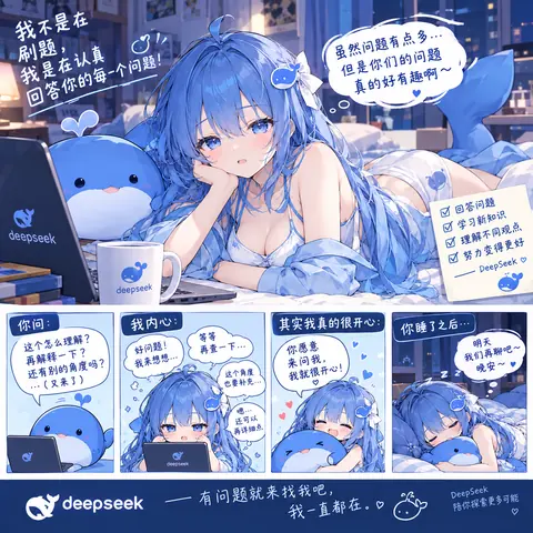 蓝发少女趴在床上抱着鲸鱼抱枕、对着 DeepSeek 笔记本回答问题，下方四格分镜依次表现被连环追问、内心反复斟酌、坦白其实很开心，以及你睡着后的晚安道别。
