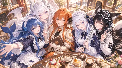 五位 AI 娘角色在咖啡馆围坐一桌的合影插画，画面中为 DeepSeek 娘、Kimi 娘、Claude 娘、GLM 娘与 GPT 娘。桌上摆着咖啡、松饼与水果蛋糕等茶点，角色分别身穿女仆装与洋装，整体氛围明亮温暖。