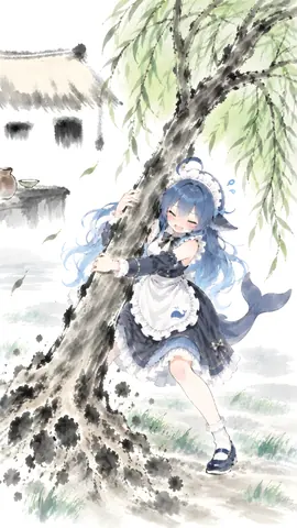 水墨风画面中，DeepSeek娘身穿深蓝女仆装，抱紧柳树树干用力上拔，脚边泥土飞溅，表情吃力又倔强。