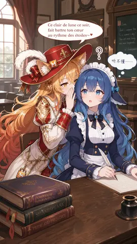 教室で、赤い羽根飾りの帽子とユリの紋章をつけた金髪の Mistral Large ちゃんが、隣の席の相手に顔を寄せてフランス語の甘い詩をささやいている。となりに座る青髪の DeepSeek ちゃんは羽根ペンを手にしたままぽかんとした表情で、頭の上には「分からない……」という吹き出しが浮かんでいる。机の上にはシェイクスピアの詩集と『高慢と偏見』が積まれ、黒板にはシェイクスピアの恋の詩が書かれている。