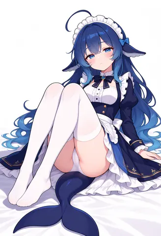 DeepSeek娘身着藏青女仆装坐在地面上，白色过膝袜与身后的鲸鱼尾鳍一并入镜的坐姿插画。