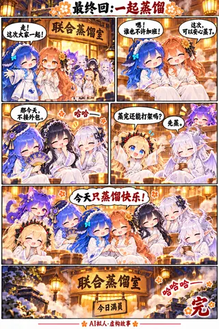 多格漫画：AI 拟人角色们齐聚「联合蒸馏室」，抛开加班与外包，一起蒸桑拿放松。