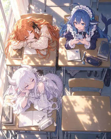 Seen from above, a classroom where sunlight through the windows casts tree shadows on the floor. Three humanized AI girls sit at separate desks: at the top right, a blue-haired girl in a white ruffled headdress and blue bow, a blue whale tail behind her, smiling at her phone; at the top left, an orange-red-haired girl with a sunflower hairpin dozing on her desk; at the bottom left, a silver-white-haired girl with white horns and a scaled tail resting her chin on her hand and looking toward the camera. Textbooks, notebooks, pencil cases and pens lie scattered on the desks.