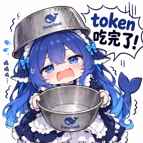 蓝发鲸鱼娘捧着空铁盆哭着喊“token吃完了”，用讨饭梗表达大模型额度耗尽的窘境。