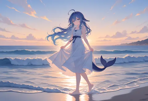DeepSeek娘站在黄昏的海边浅滩上，双手提起白色连衣裙的下摆，赤脚踩在漫过脚踝的海水里。夕阳贴着海平线，云层与浪花都被染成暖色，鲸尾从裙后露出，远处是低矮的海岸线。