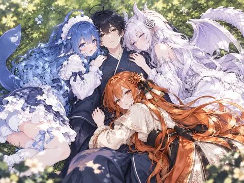 午后的草地上，DeepSeek娘、Claude娘与GPT娘围坐在一位黑衣少年身边，四人在树荫与阳光里休憩，画面为花草点缀的暖色群像插画。
