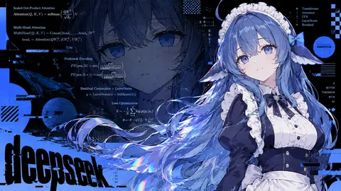 青い髪と青い瞳のDeepSeekちゃんが白黒のメイド服をまとい、Transformerの数式とdeepseekのロゴが並ぶ濃紺のテック背景に立つ一枚。