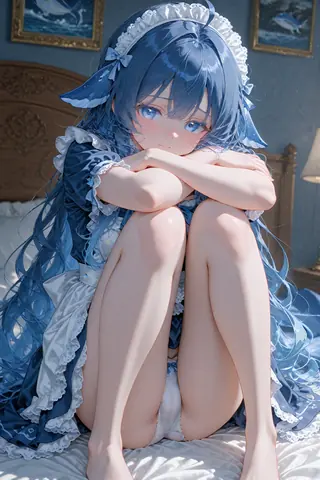 蓝色长发的DeepSeek娘穿着蓝白女仆装，抱膝坐在床上静静看向镜头，身后的蓝色房间里挂着鲸鱼主题挂画。