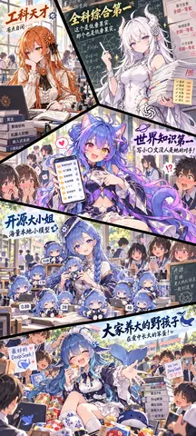 竖排五格漫画，每格一位角色配一句刻板印象标语。第一格红发戴黎花饰的角色坐在电脑前，手边的书写着算法、数据结构、机器人控制、嵌入式系统与计算机视觉，标语是「工科天才 有点自闭…」；第二格白发角色在黑板前写积分与麦克斯韦方程组，怀抱着试卷，标语是「全科综合第一」，旁边贴着数学、物理、化学竞赛全国一等奖；第三格紫发猫耳角色举着手机，屏幕上是奇怪的知識、冷门课题、生物研究、社会观察、艺术创作等条目，标语是「世界知识第一」，周围的学生一脸惊讶；第四格蓝发角色身边排着一群戴发带的小小身影，依次标着 0.6B、1.7B、0.8B、2B、4B，标语是「开源大小姐 海量本地小模型」；第五格蓝发女仆装的大肥鱼坐在堆满礼物与零食的地方，身后的学生举着「最好的 DeepSeek」与「We love DeepSeek」的牌子，黑板上写着「开源 自由 更大的 AI 社区」，标语是「大家养大的野孩子 在爱中长大的笨蛋！」。