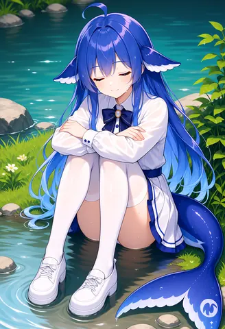 蓝发鲸娘坐在溪水里抱着膝盖，闭眼浅笑，鲸尾垂在水中，一身白衣蓝裙被雨水与溪水打湿。