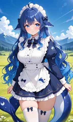 DeepSeek 蓝鲸拟人少女穿深蓝白女仆装站在雪山草甸上，鲸尾与鲸耳造型呼应品牌形象。