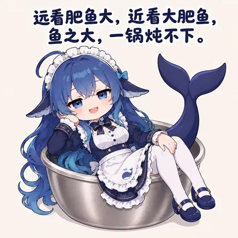 蓝发鲸鱼尾女仆坐在大锅里，配文“远看肥鱼大，近看大肥鱼，鱼之大，一锅炖不下”。