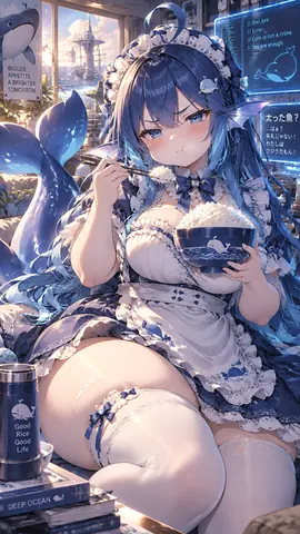 DeepSeek 鲸鱼拟人娘穿着蓝白女仆装，抱着满满一碗白饭，旁边还有 diet.exe 报错与「太った魚？」吐槽，热闹又委屈。