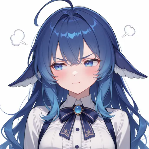 白底头像式画面：蓝发少女皱眉鼓腮、脸泛红，两侧浮着表示恼火的气团符号，深蓝领结与蓝宝石胸针压住白衬衫。