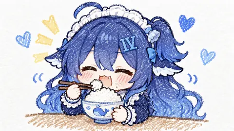 蜡笔手绘风的 DeepSeek娘：戴着 IV 发饰的女仆装少女捧起一整碗白米饭，闭着眼大口扒饭，脸上泛着红晕，周围飘着爱心与黄色闪光。