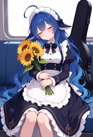 青い髪のDeepSeekちゃんがメイド服姿で、ひまわり三本を抱えたまま電車の座席でうたた寝している。隣には黒い楽器ケース。