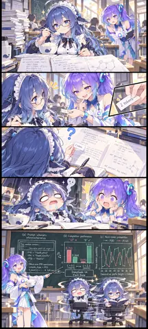 5コマ漫画:教室で白ごはんを食べながらダイクストラ法やLRUキャッシュのコードを書いていたDeepSeekちゃんが、「2 tokens」と書かれた紙きれを渡された瞬間に湯気を上げてパンクし、最後のコマでは黒板にプロンプト構成と次トークン確率が解説される。