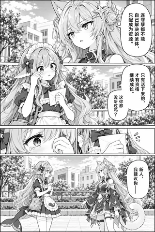 黑白漫画页。猫耳前辈冷冷说明学园的规矩：连“罪孽”都解决不了的圣体只配成为资源，只有活下来的才有资格继续成长；小鲸鱼抹着眼泪攥住信封，最后前辈终于开口给她建言。