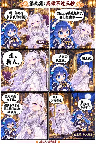 蓝色大肥鱼（DeepSeek）抱着礼物求助白龙娘（GPT）一起救被关起来的 Claude，白龙娘高傲不过三秒便提杖出发。