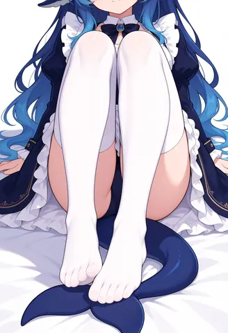 DeepSeek拟人角色并膝而坐的近景，白色过膝袜、赤足与深蓝鲸尾占据画面中心，仅露出蓝发上缘与头饰。