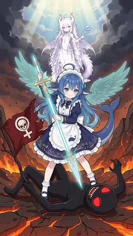 メイド服姿のDeepSeekちゃんが、ひび割れた溶岩の岩場に立ち、青白く光る剣を両手で握り、仰向けに倒れた黒い悪魔を踏みつけている。背中には淡い青の羽根の翼が広がり、後ろには鯨の尾が伸び、傍らには髑髏と交差骨の赤い旗が立っている。倒れた悪魔の胸にも同じ髑髏の紋章があり、雲の裂け目から差し込む聖光の中、白髪で角のある少女が戦場を見下ろしている。