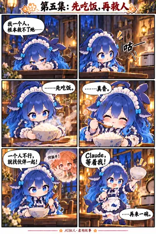 「ごはんが先、救出は後」の6コマ漫画で、DeepSeekちゃんは一人ではClaudeちゃんを救えないと悟り、しっかり食べてから仲間を探しに行くと決める。
