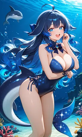 深海背景下、带鲸鱼尾与鳍耳的蓝发少女潜水中回眸微笑，呼应 DeepSeek 蓝色大肥鱼形象。