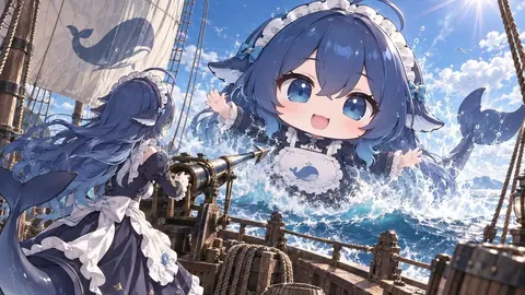 ちびキャラのDeepSeekちゃんが海から飛び出し、帆船の上にいるもう一人のDeepSeekちゃんが捕鯨砲を構えている、鯨の紋章入りの帆も見えるコミカルな一枚。